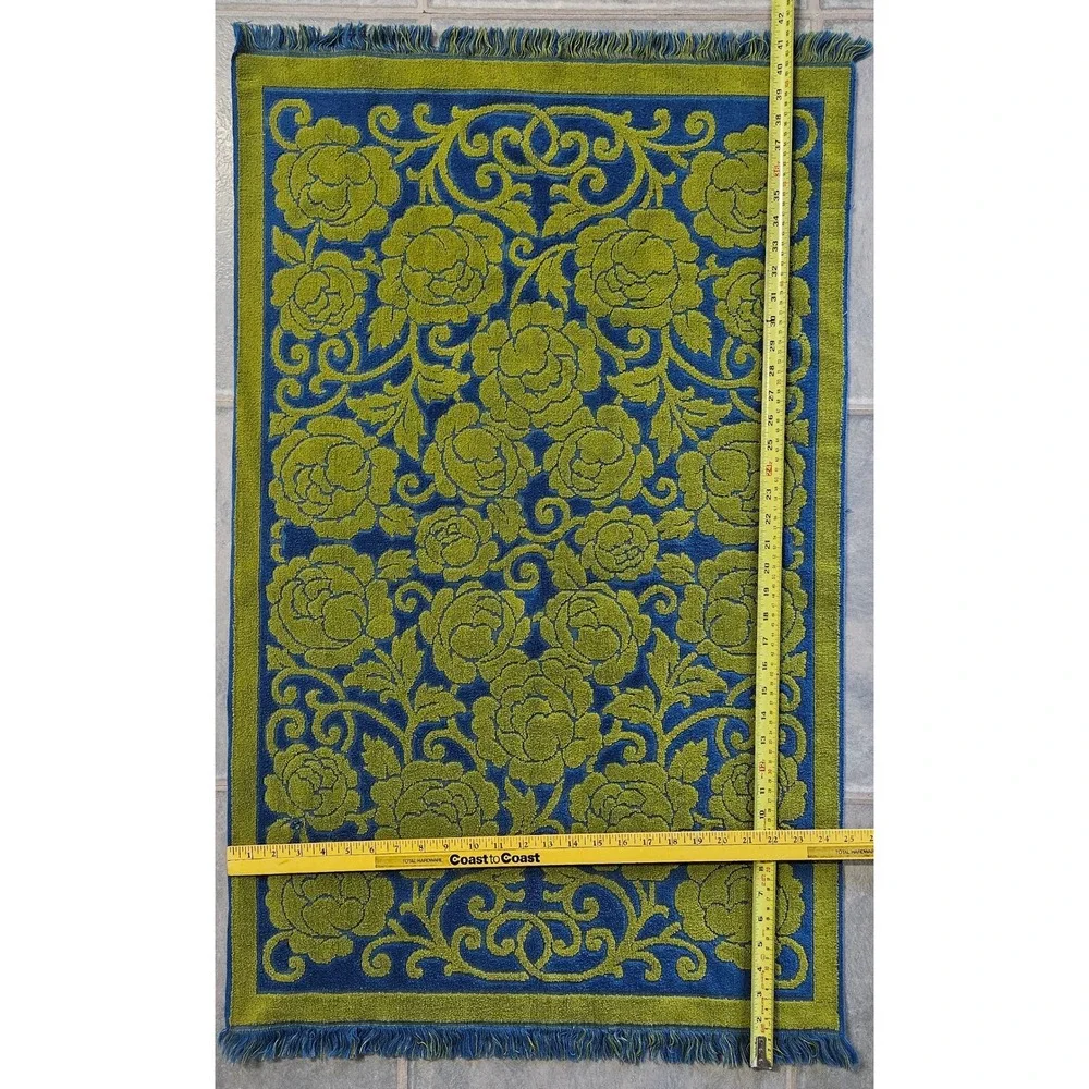 Vintage Fieldcrest Rose Floral Bath Towel Blue Lime Green Cotton Fringed USA MCM